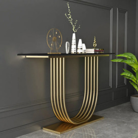 1200mm Black Solid Wood Narrow Console Table Gold Metal Pedestal Hallway Table