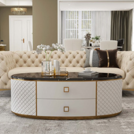 Orand White & Black Oval Sintered Stone Top Coffee Table with 2 Drawers
