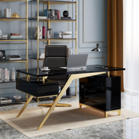 Hungled 1800mm Modern Black & Gold Office Wood Executive Desk with Storage File Cabinet