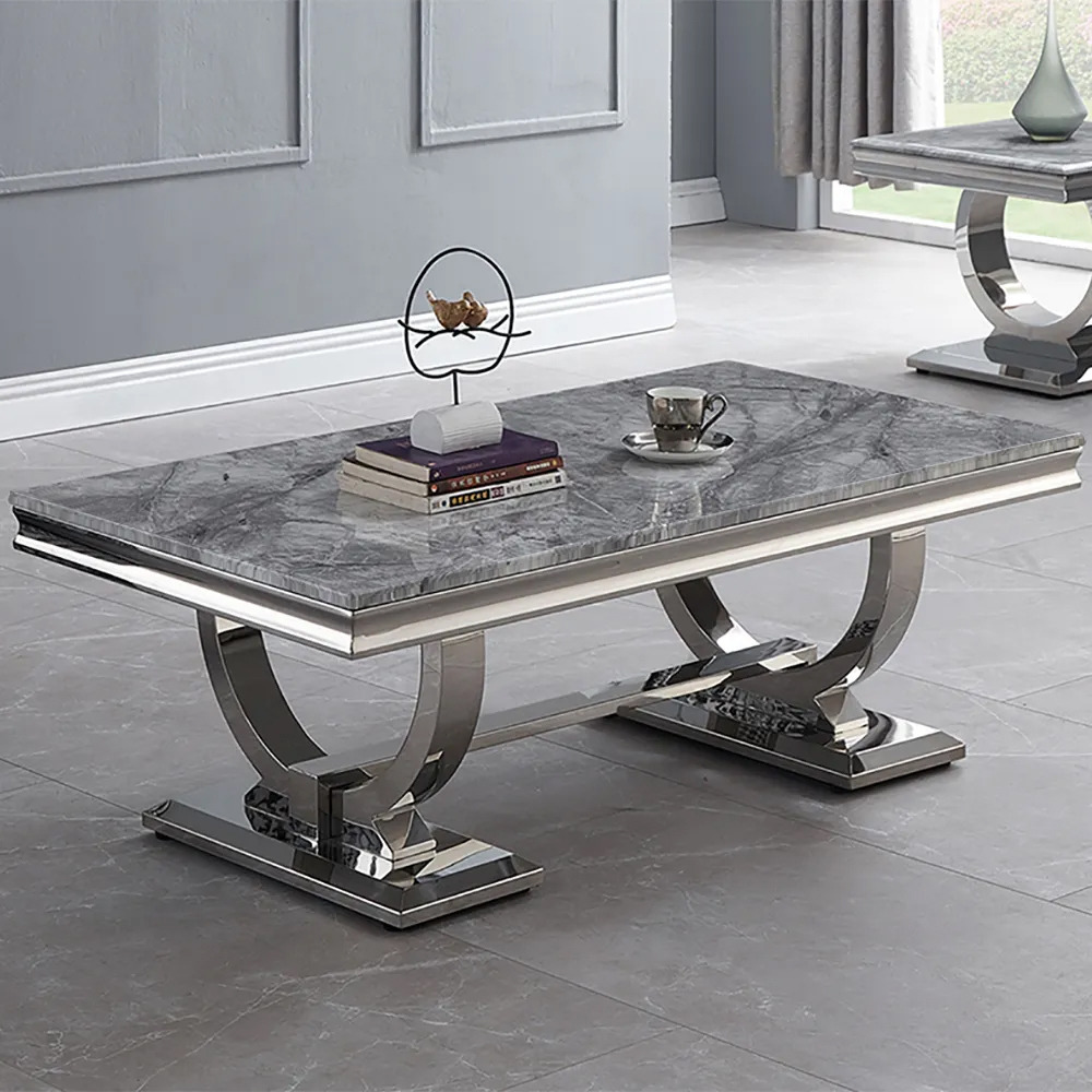 Rectangular Modern Grey Coffee Table Faux Marble & Stainless Steel