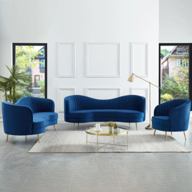 Florie Blue Velvet Sofa Set 3 Pieces Living Room Set Curved 3-Seater Loveseat Sofa