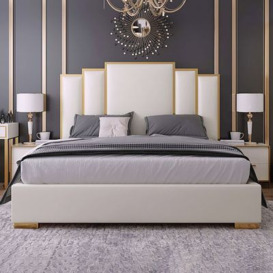 White Platform Bed Faux Leather Bed  with Upholstered Geometric Headboard