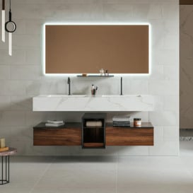 1500mm Floating White & Brown Bathroom Vanity Set with Double Basin Two Shelves