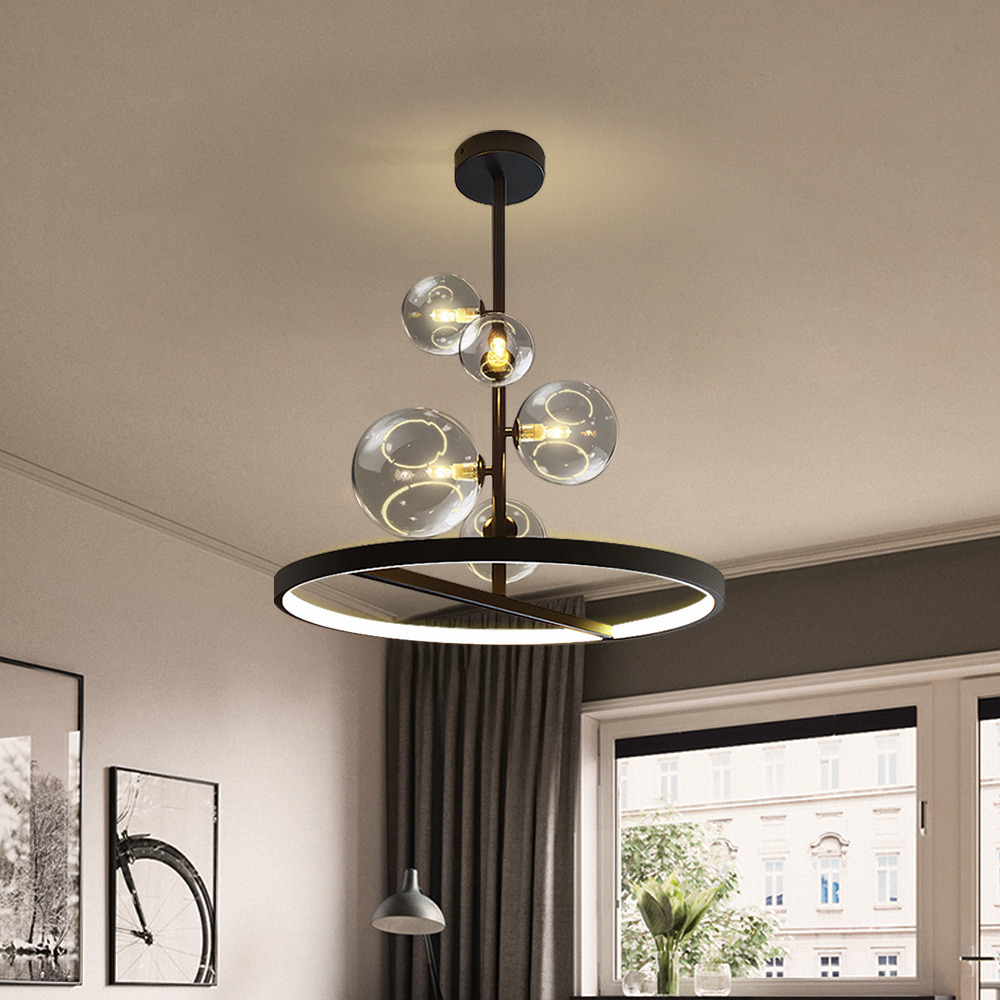 Bubi Black Glass Globe 5-Light Chandelier Modern for Living Room and Dining Room