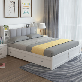 Modern White Storage Bed Low Profile Platform Bed with 3 Drawers, King