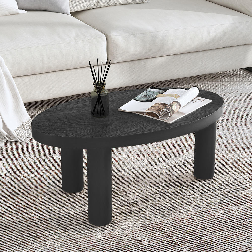 Threeens 900mm Japandi Oval Black Pine Wood Coffee Table 3-Legged Accent Table