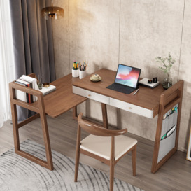 Modern I Shaped Desk Retracted & Extendable Corner Walnut Desk with Storage & 2 Drawers
