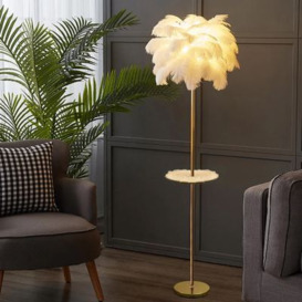 Loftus White Feather Gold Floor Lamp with Shelf and Plush Mat