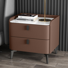 Brown Modern Bedside Table with 2 Drawers Bedroom Bedside Table Faux Marble Top