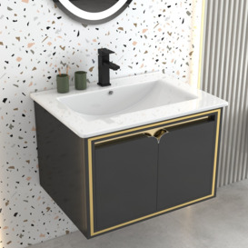 "600mm Floating Bathroom Vanity Set Ceramics Single Basin with Drain in Black & Gold "
