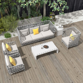 6 Pieces Aluminium & Rope Outdoor Sofa Set with Coffee Table and Cushion Pillow in Grey