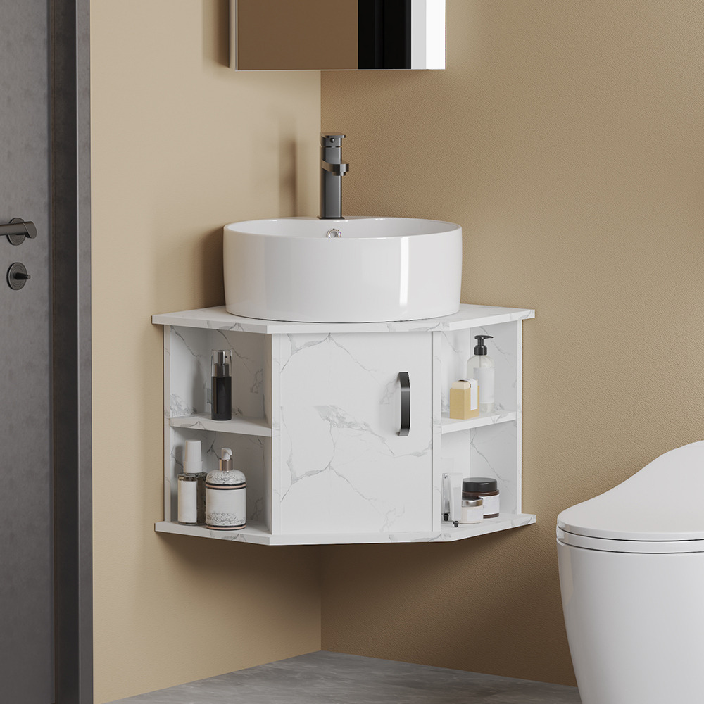 510mm White Floating Small Corner Bathroom Vanity with Ceramics Single Countertop Basin