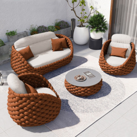 Tatta 4 Pieces Woven Rope Outdoor Sofa Set Faux Marble Top Coffee Table in Brown & White