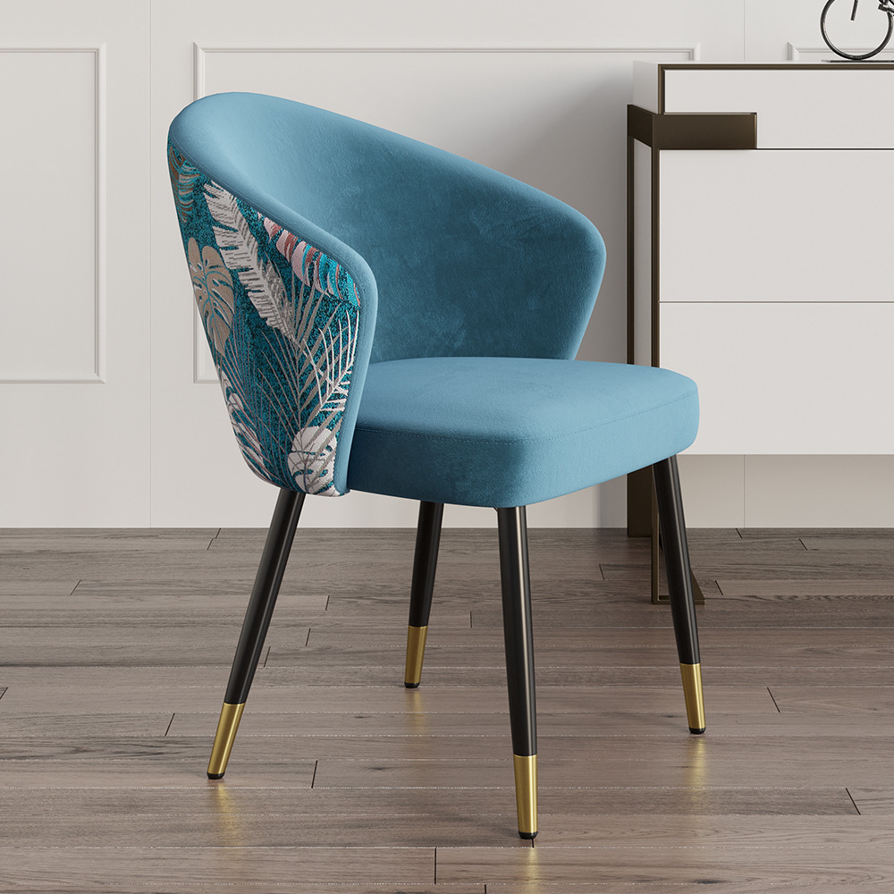 Blue Upholstered Velvet Dining Chair Curved Back Modern Arm Chair