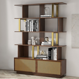 5-Tier Walnut Wood Bookshelf with 2 Doors Modern Bookcase in Gold Finish