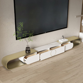 Modern Extendable Oval Metal TV Stand with 4 Drawers in Gold & White for TV up to 2600mm