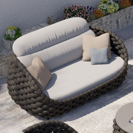 Tatta 2-Seater Woven Rope Outdoor Sofa Patio Loveseat Removable Cushion Grey & Black