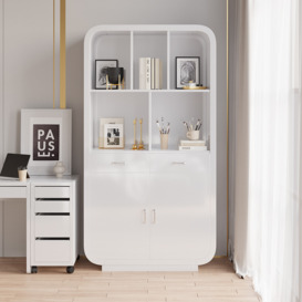 2010mm White Bookcase with Doors Modern Etagere Bookcase with Drawers Bookshelf with Rich Storage