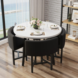 1000mm Round Wooden Small Nesting Dining Table Set for 4 Black Upholstered Chairs