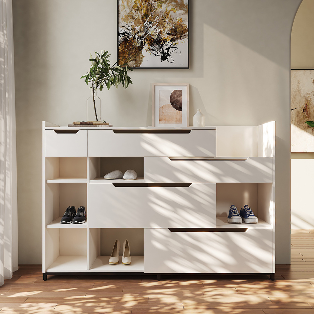 Nordic White Shoe Storage Cabinet with 7 Shelves 5 Drawers Hallway Shoe Storage