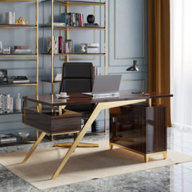 Hungled 1800mm Mid-Century Sandalwood Office Desk Wood Executive Desk with File Cabinet