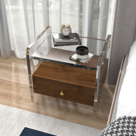 Modern Clear Acrylic Wood Nightstand with Storage & Shelf for Bedroom