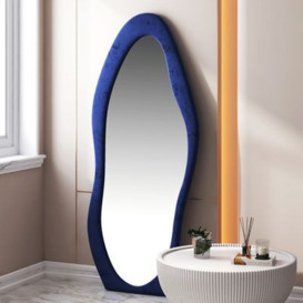 Modern Full Length Asymmetrical Floor Mirror Wavy Velvet Frame in Blue