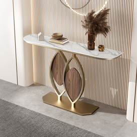1000mm White Console Table Wooden Accent Table For Entryway with Sintered Stone Top & Abstract Base in Rose Gold & Walnut Finish