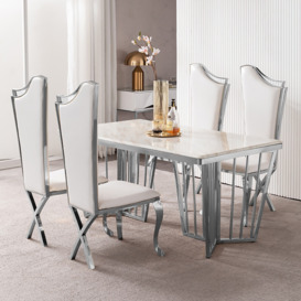 Modern White Upholstered Dining Chairs Set of 2 High Back Side Chair Silver Legs