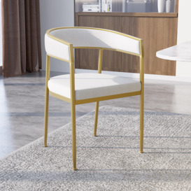 Modern White Dining Room Chair Velvet Upholstered Curved Back with Gold Metal Leg
