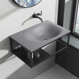 610mm Industrial Concrete Floating Bathroom Basin Wall-Mount with Towel Bar & Shelf Grey