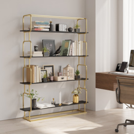 1800mm Modern White Tall Freestanding Wooden Office 4 Shelves Etagere Bookcase in Gold with Ample Open Storage
