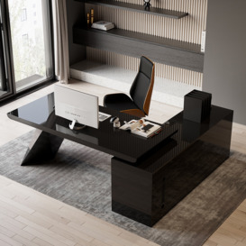 1800mm Modern Black L-Shape Executive Desk Drawers & Cabinet Large Office Desk Left Hand