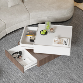 Japandi Square Swivel Rotating Coffee Table with 2 Drawers in White & Walnut