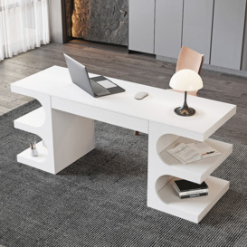 1630mm White Wooden Writing Desk Modern Office Desk with 1 Drawer & 4 Open Shelves