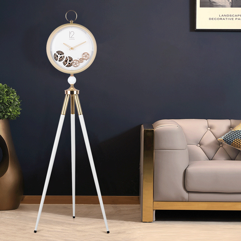 1520mm White Metal Tripod Floor Clock with Retro Gold Mechanical Gear Design