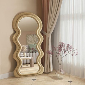 Modern Full Length Large Wooden Wavy Floor Mirror with Frame in Khaki