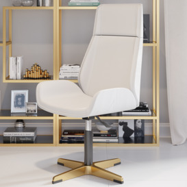 Leather Office Desk Chair High Back Adjustable Swivel Executive Chair in White & Gold Modern Home Office Chair