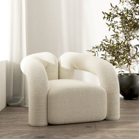 Japandi White Boucle Accent Chair Shaggy Armchair for Living Room