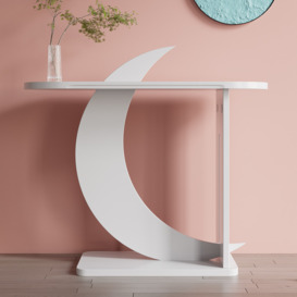 1000mm White Moon Shape Console Table Modern Oval Wooden Entryway Table with Abstract Base