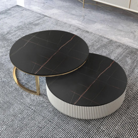 Set of 2 Round Sintered Stone Top Nesting Coffee Table with Drawer Black & Gold