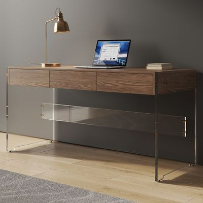 1500mm Acrylic and Wood Floating Desk with 3- Drawers Walnut & Lucite Desk for Home Office