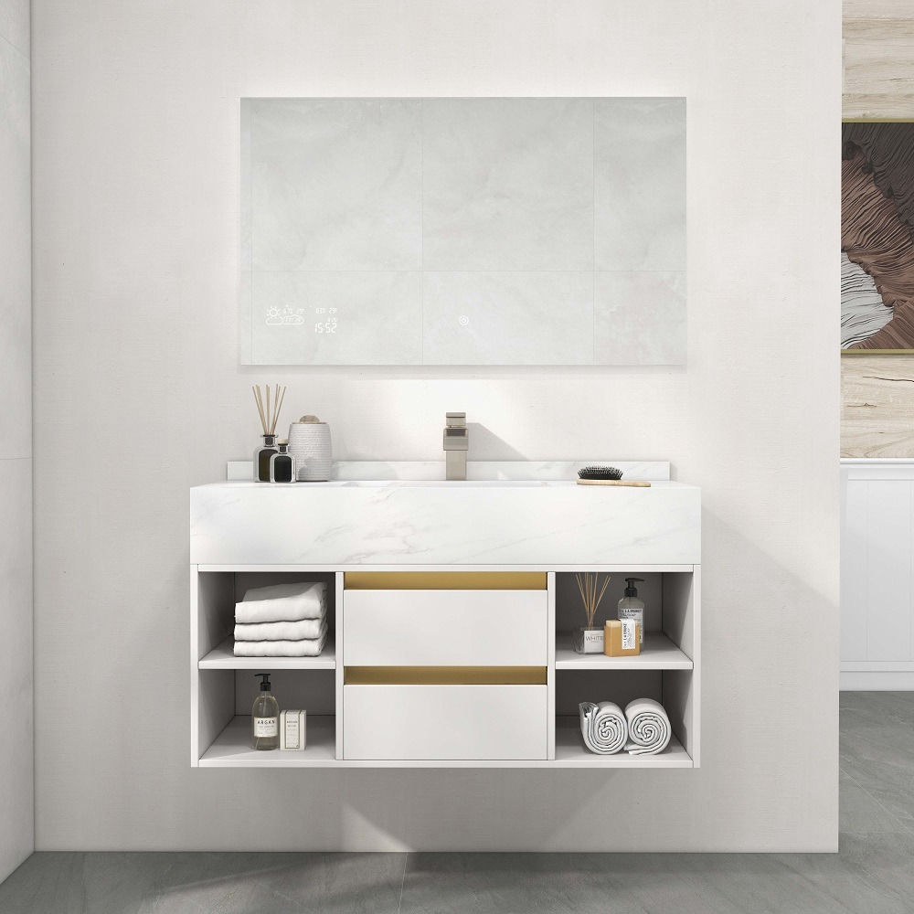 1000mm Floating Bathroom Vanity Set with Ceramic Basin 2 Drawers & Open Shelves in White