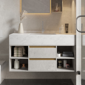 1000mm Floating Bathroom Vanity Set with Ceramic Basin 2 Drawers & Open Shelves in Grey