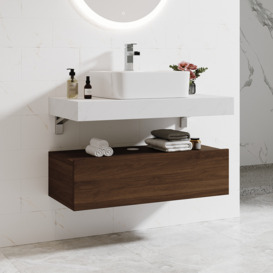 900mm Modern Floating Bathroom Vanity Set With Single Basin White and Walnut