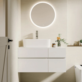 800mm White Wall-mount Floating Bathroom Vanity Faux Marble Top Ceramic Countertop Basin