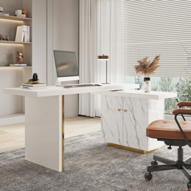 2235mm Modern White L-Shape Writing Desk with Side Cabinet Wood Office Desk Gold Finish