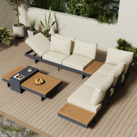 4 Pieces Modern L Shape Wood Sectional Outdoor Sofa Set with Coffee Table in Beige