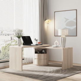 Modern Wash White L Shaped Desk 1 Cabinet & 2 Drawers 1520mm Oak Executive Office Desk 360° Rotation