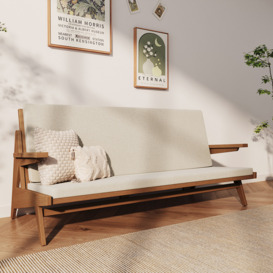 1790mm Rattan 3-Seater Sofa Japandi Ash Wood Frame in Walnut with White Cushion